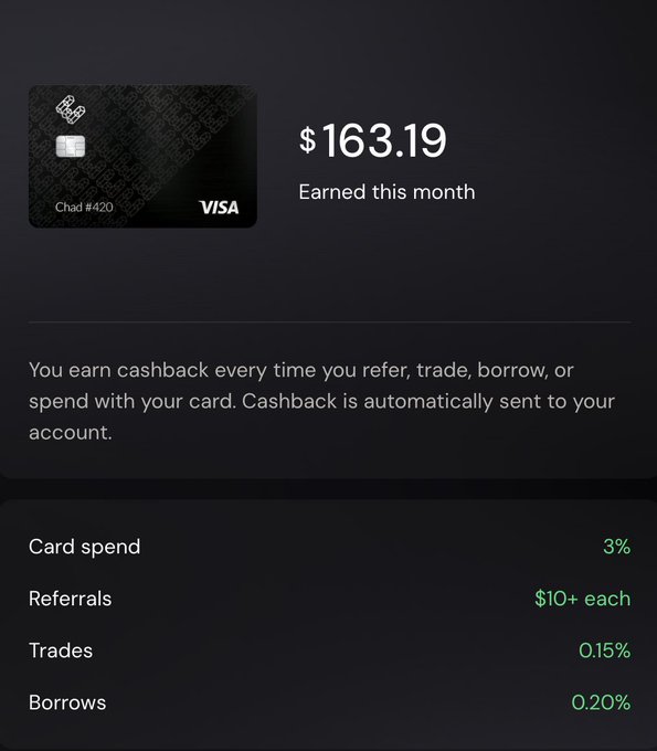 A digital wallet/dashboard screen showing '$163.19 Earned this month' alongside a 'Chad #420' Visa card, with cashback rates listed: Card spend 3%, Referrals $10+ each, Trades 0.15%, Borrows 0.20%.