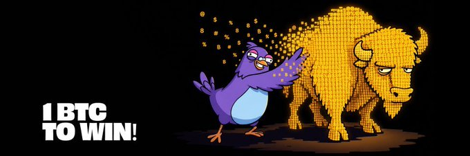 A promotional banner featuring a cartoon purple bird and a yellow pixelated bull with the text "1 BTC TO WIN!" displayed on the left.