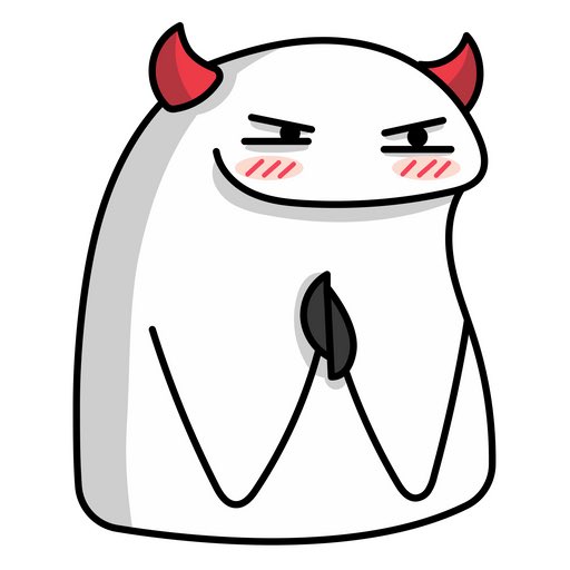 A cartoon illustration shows a white ghost-like figure with red devil horns, blushing cheeks, and a mischievous expression holding a black object.