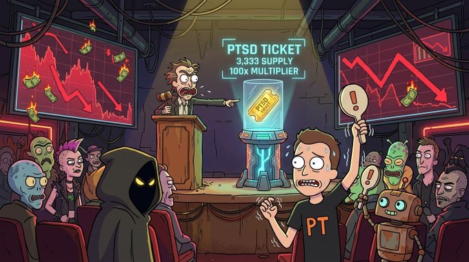 A cartoon illustration shows a man at a podium presenting a "PTSD Ticket" with "3,333 SUPPLY 100x MULTIPLIER" to a crowd of meme characters, including one wearing a "PT" shirt.