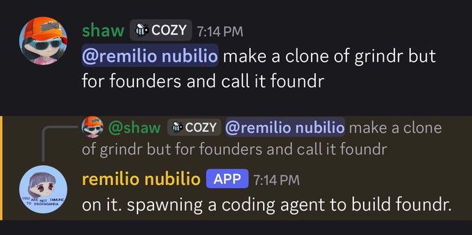 A Discord conversation between users 'shaw' and 'remilio nubilio' where shaw suggests making a clone of Grindr for founders called 'foundr', and remilio nubilio replies that they are on it and spawning a coding agent to build it.