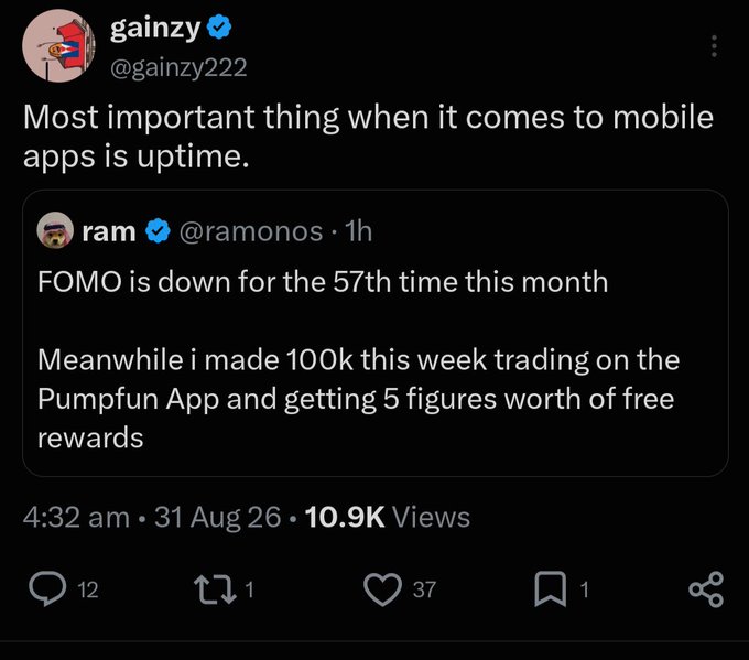 A screenshot of a tweet from gainzy (@gainnzy222) quoting a post from ram (@ramonos) that says "FOMO is down for the 57th time this month. Meanwhile I made 100k this week trading on the Pumpfun App and getting 5 figures worth of free rewards," with gainzy adding the caption "Most important thing when it comes to mobile apps is uptime." The image illustrates the trade-offs discussed in the caption, highlighting that despite FOMO's frequent downtime, high-performing traders like the quoted user still actively trade on Pumpfun without needing monetary incentives—suggesting Pumpfun's consistent uptime gives it a competitive advantage over rivals.