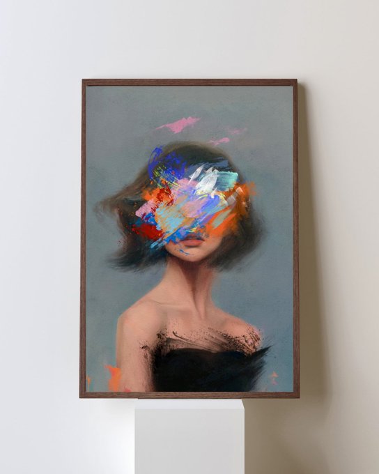 A framed digital painting displayed on a white pedestal, depicting a woman with short dark hair whose face is obscured by colorful, abstract paint strokes in blue, pink, orange, and white.