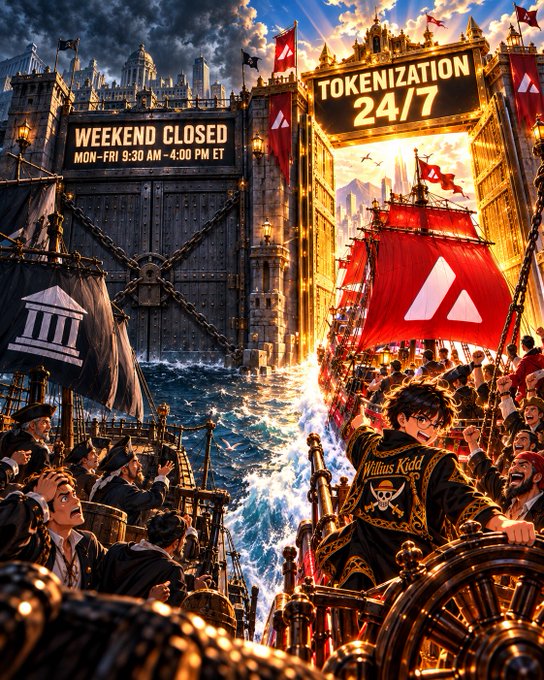 A dramatic fantasy illustration featuring ships, crowds, and signs reading 'WEEKEND CLOSED MON-FRI 9:30 AM-4:00 PM ET' and 'TOKENIZATION 24/7' with a red logo.