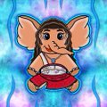 A cartoon gremlin-like creature with large ears sits holding a red bowl against a blue patterned background.
