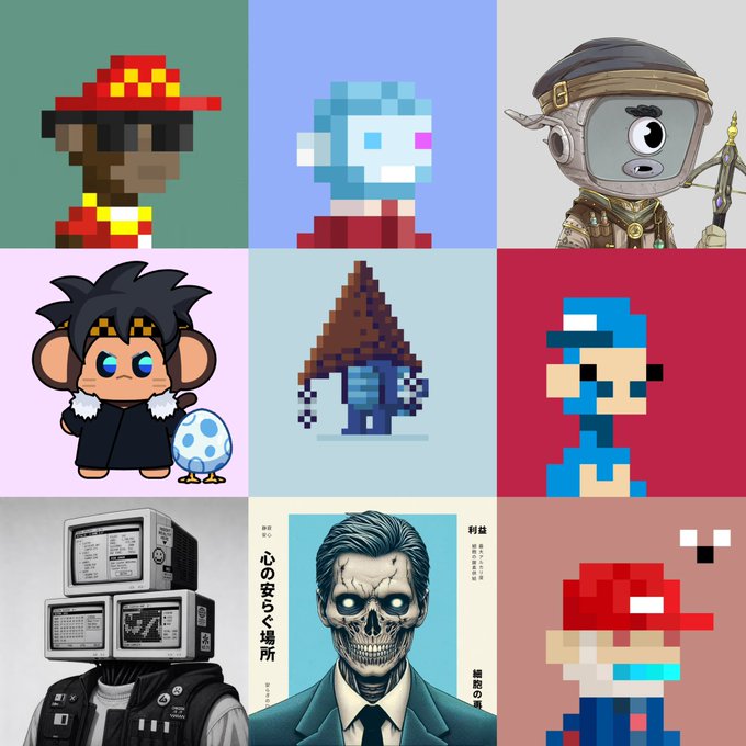 A 3x3 grid of various pixel art and illustrated characters, including figures in red hats, a cyclops-like creature, a hooded monkey character with a spotted egg, and a computer-headed person.