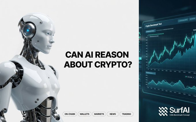 A promotional graphic featuring a humanoid robot head next to text 'CAN AI REASON ABOUT CRYPTO?' and cryptocurrency charts, branded 'SurfAI' with 'ON-CHAIN', 'WALLETS', 'MARKETS', 'NEWS', 'TRADING' tags.