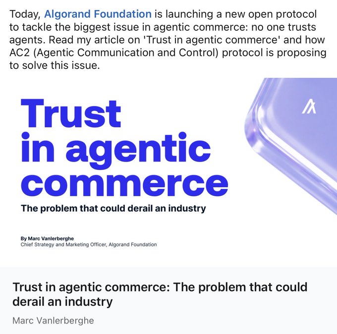 A digital announcement post by Marc Vanlerberghe, Chief Strategy and Marketing Officer at the Algorand Foundation, promotes an article titled 'Trust in agentic commerce: The problem that could derail an industry'.