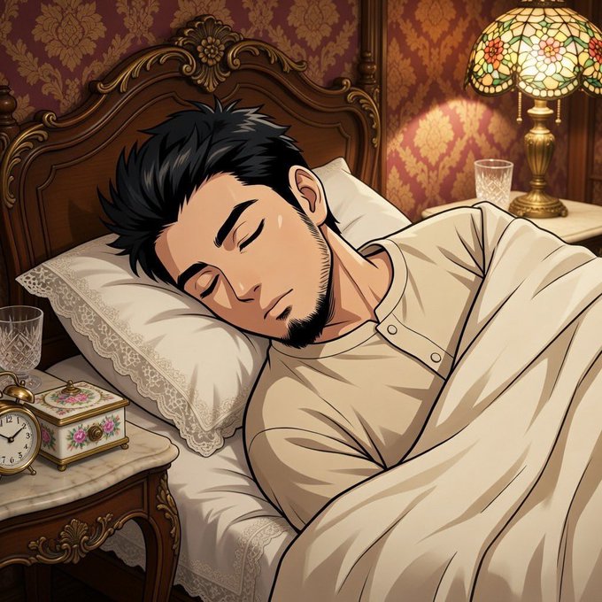 An anime-style illustration of a dark-haired, bearded man sleeping peacefully in an ornately carved wooden bed, with a vintage clock and stained-glass lamp on a nightstand beside him.