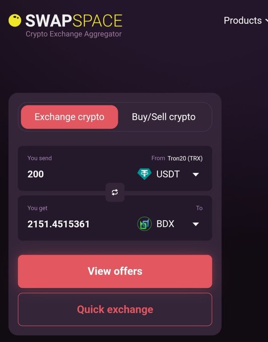 A screenshot of SwapSpace, a Crypto Exchange Aggregator interface, showing a Tron20 (TRX) to BDX exchange converting 200 TRX to 2151.4515361 BDX, with options to 'View offers' or 'Quick exchange.'