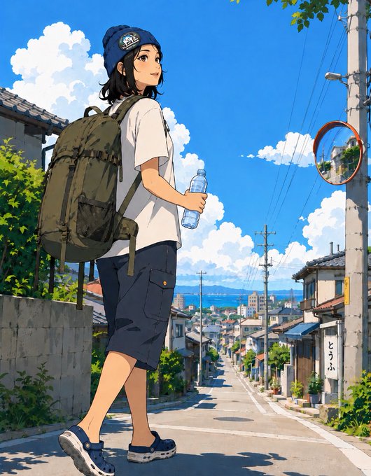An anime-style illustration of a young woman with short dark hair wearing a blue beanie, white t-shirt, and large green hiking backpack, holding a water bottle while walking down a sunlit Japanese residential street with power lines and a convex mirror.