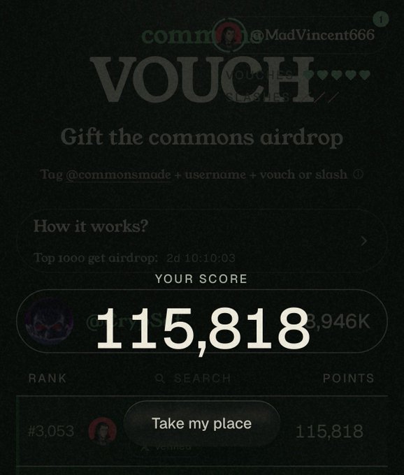 A user named @MadVincent666 with a score of 115,818 (rank #3,053) and the title "I am too old" is shown on the Commons airdrop voucher page, illustrating the poster's confusion about the platform and uncertainty over whether to connect their GitHub account for the project.