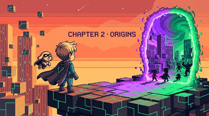 A pixel art illustration titled 'CHAPTER 2 - ORIGINS' showing a young character with a cape standing on a blocky ledge, looking at a glowing purple and green portal with silhouettes of figures walking through it.