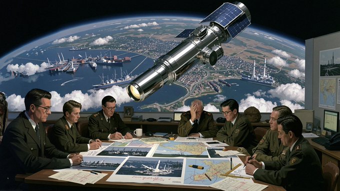 A retro-futuristic digital artwork depicting military officers in uniform seated around a conference table covered with maps and aerial photos, with a large telescope/satellite floating above Earth in the background.