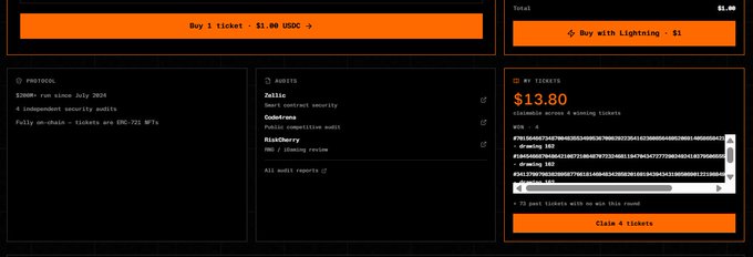 A screenshot of a prediction market platform showing a market running since July 2025 with $300K run size, on-chain tickets as ERC-721 NFTs, and a 'Buy 1 ticket $1.00 USDC' button with Bitcoin, Solana, and Maker crypto wallet options, priced at $13.80 for 10 tickets.