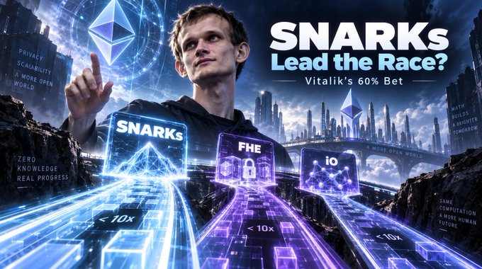 Another futuristic thumbnail featuring Vitalik Buterin pointing upward with text 'SNARKs Lead the Race? Vitalik's 60% Bet' showing visualizations of SNARKs, FHE, and iO technologies.