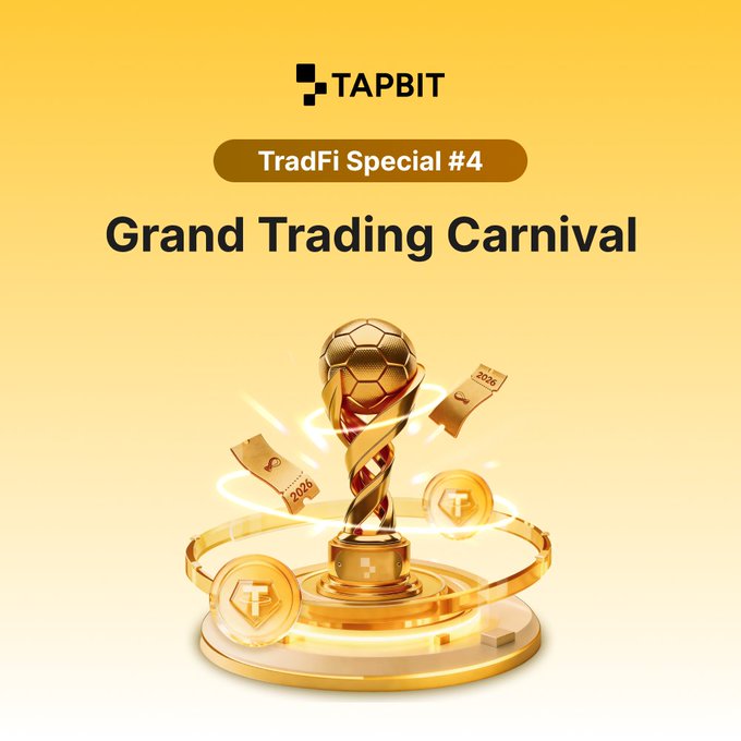 A yellow promotional banner for 'TAPBIT TradFi Special #4 Grand Trading Carnival' featuring a golden trophy with a soccer ball and tickets.