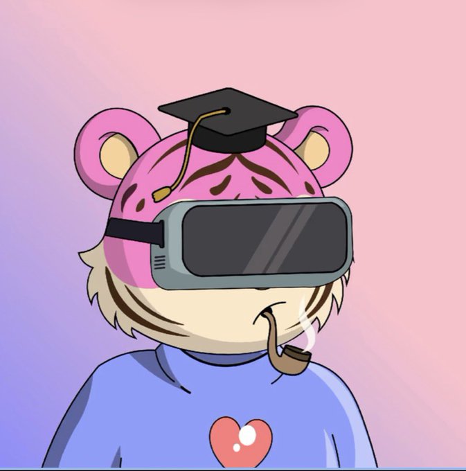 An illustrated character wearing a pink tiger hood, graduation cap, large VR headset, blue shirt with a heart, and smoking a pipe.