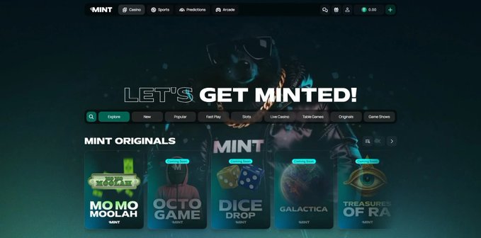 The homepage of a platform called 'MINT' displaying 'LET'S GET MINTED!' with categories like Casino, Sports, and Predictions, featuring games such as 'MOMO MOOLAH', 'OCTO GAME', 'DICE DROP', 'GALACTICA', and 'TREASURES OF RA'.