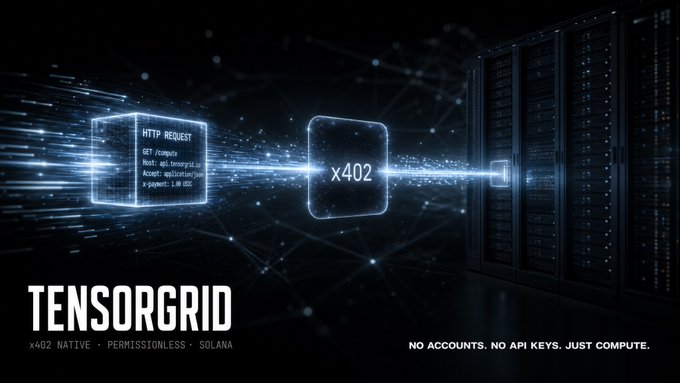 The image shows a computer screen with a blue cube and a white square labeled "X42" floating above it. The background of the image is black, and there are lines of code scattered around the cubes and squares. The text on the image reads "Tensorgrid", which suggests that this image might be related to an AI agent or machine learning project. The post also mentions that users can pay for computing power using Solana, a cryptocurrency-based platform, as part of the TensorGrid ecosystem.