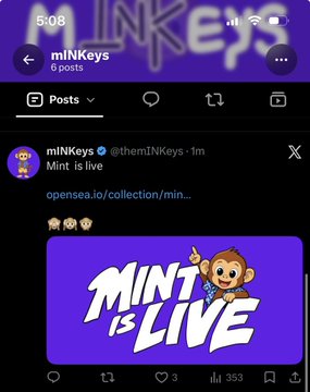 The image shows an Instagram post from "mINKeys" (@themINKeys) with the caption "Mint is live" and a link to an OpenSea collection, featuring a promotional graphic that reads "MINT IS LIVE" with a cartoon monkey character. The post is being highlighted as a potential scam warning, suggesting the account is run by the same individual behind a "stickman" project that rugged on Robinhood.