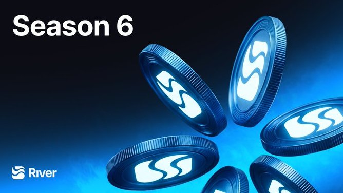 Promotional graphic for 'Season 6' of River featuring multiple blue cryptocurrency-style coins with the River 'S' logo against a dark blue background.