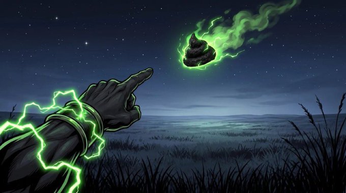 A dark, armored hand crackling with green lightning reaches out toward a flaming green meteor streaking across the night sky, symbolizing the crypto poster's call to "buy, hold, and bullpost" by evoking themes of power, momentum, and bullish energy.