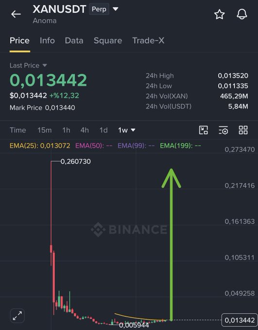 Binance's XANUSDT perpetual chart shows the token down 99% from its 0.260730 peak but now up 12.32% at 0.013442 with a green arrow indicating a possible price recovery.