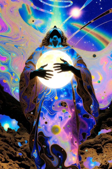 A figure with flowing hair stands facing a cosmic, swirling galaxy, cradling a glowing orb of light against a vibrant, psychedelic backdrop of stars and colorful clouds.
