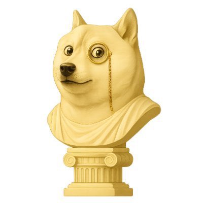 A 3D rendering of a Doge (Shiba Inu) bust styled as a classical Greek statue with a monocle on a chain, set on a columned pedestal.