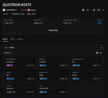 The image shows a Quotron #2475 product page on what appears to be an NFT marketplace, with a backdrop of $SPY and $Quotron 800 listed at 3.85 ETH each alongside other tickers like $Eurystye, $Graphite, $Button, $SPY, $Hackened, and $Cerfication. This relates to the post by confirming the $SPY and Quotron 800 sales at 3.85 ETH mentioned in the caption.