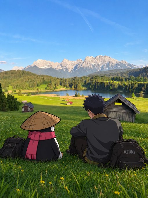 Two anime characters sit together in a grassy meadow wearing backpacks—one labeled "Azuki"—admiring a serene lake and snow-capped mountains in the distance, perfectly capturing the "touching grass" moment with a friend.