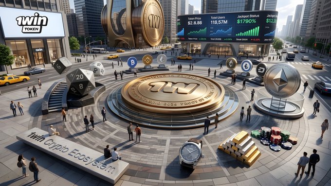 A 3D-rendered city plaza features large cryptocurrency coins including Bitcoin and Dogecoin, stock price tickers ($2.8.86, $118.57M), and crowds of people, with a 'twin TOKEN' sign visible.