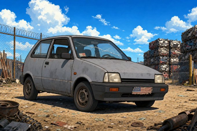 Digital artwork depicting an old, weathered gray hatchback car with a cracked windshield and an American flag license plate, parked in a junkyard with chain-link fencing, scrap metal piles, and scattered debris under a partly cloudy blue sky.
