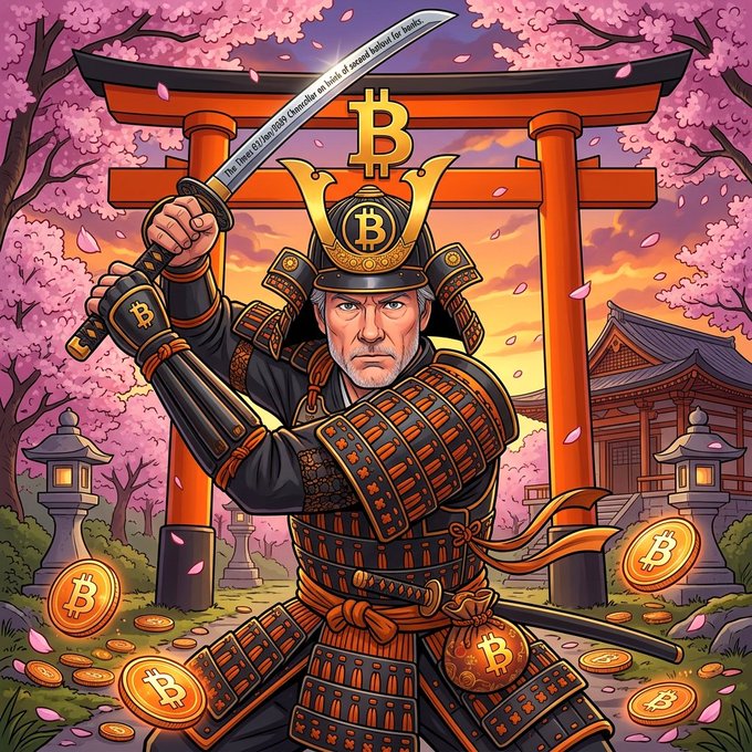 An anime-style illustration of a samurai warrior wearing Bitcoin-branded armor and holding a katana, standing before a torii gate surrounded by cherry blossoms and Bitcoin coins.