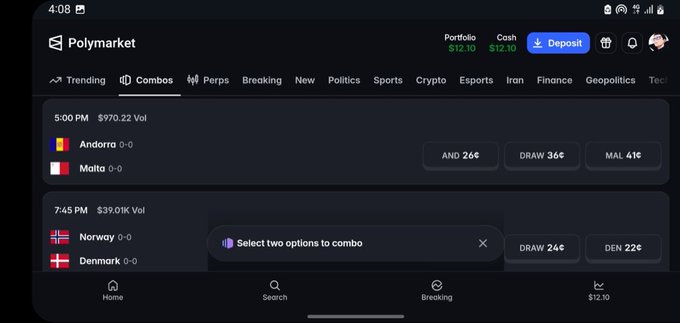 The Polymarket app interface displays a "Combos" tab showing sports betting odds for matches between Andorra vs. Malta and Norway vs. Denmark, with a prompt to "Select two options to combo."