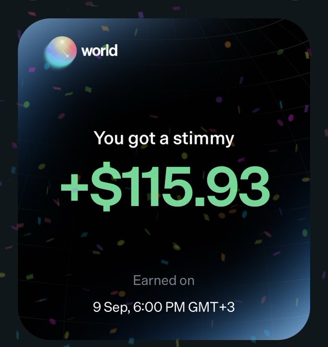 A dark-themed app notification card from Worldcoin displays a green confetti animation and the message 'You got a stimmy +$115.93 Earned on 9 Sep, 6:00 PM GMT+3'.
