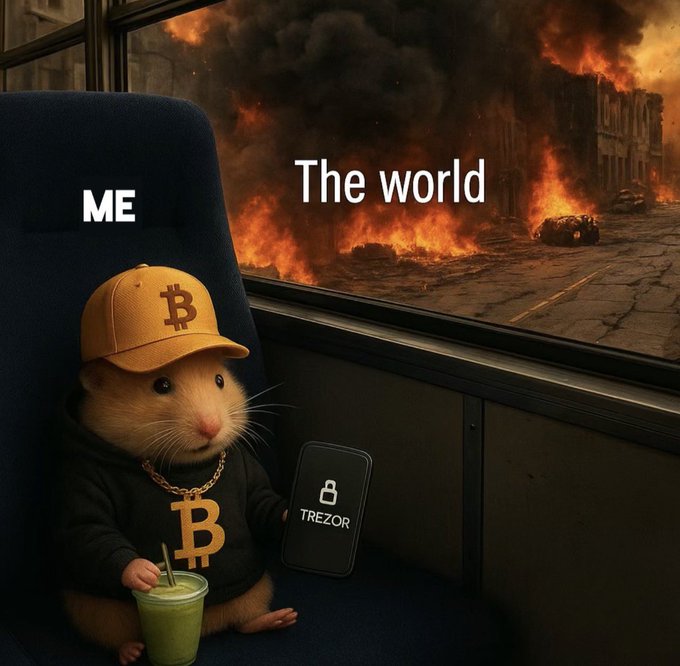 A relaxed hamster wearing a Bitcoin cap and "$B" chain sips a green smoothie while casually using a Trezor hardware wallet, unbothered by a fiery, apocalyptic cityscape ("The world") burning outside the bus window—capturing the meme's "It's fine" detachment from chaos thanks to Bitcoin.