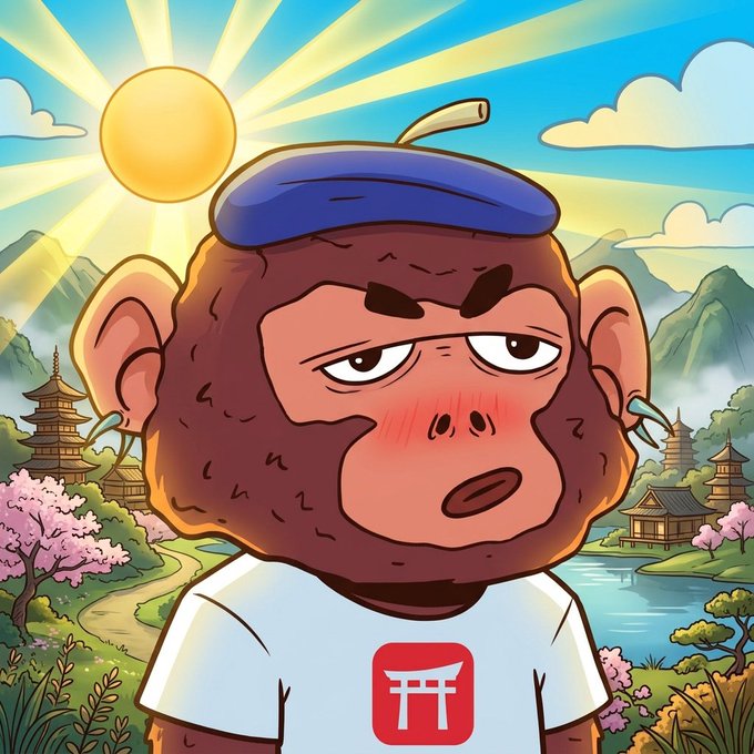 A cartoon illustration of a blushing monkey wearing a blue beret and a white t-shirt with a Japanese torii gate logo, set against a scenic background with pagodas, cherry blossoms, and a bright sun.