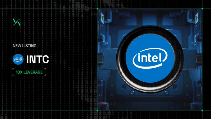 A promotional graphic announces a "NEW LISTING" for Intel (INTC) stock with "10X LEVERAGE" on the RISE platform, featuring the Intel logo on a blue metallic background.