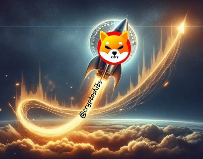 A Shiba Inu dog wearing a red rocket helmet rides a glowing rocket through clouds and a starry sky, leaving a fiery trail, with the watermark '@cryptoshibs' visible.