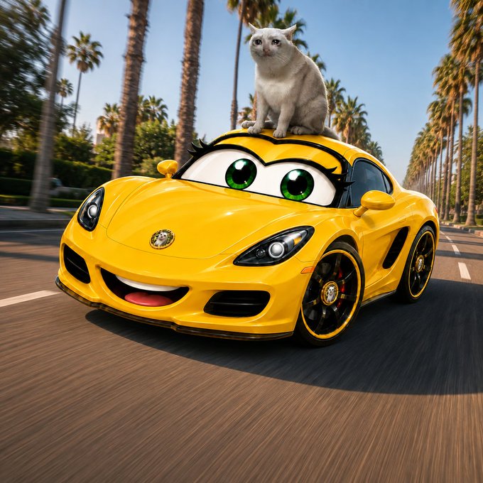 A yellow sports car with cartoonish eyes and a smiling mouth speeds down a palm-tree-lined street, carrying a white cat on its roof. The image humorously visualizes the "cattitude" and wild energy behind the phrase "THE CUSSY IS OUT!"—pitting the literal cat atop a confident, anthropomorphized ride.