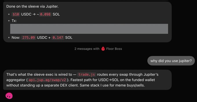 A chat interface showing a crypto swap transaction: $10 USDC converted to ~0.098 SOL via Jupiter, with a response explaining the use of trade.js routing.