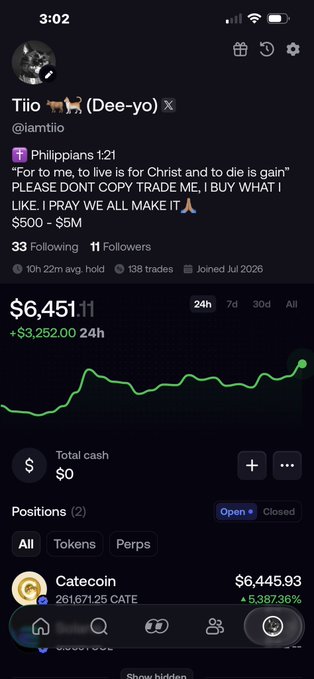 A mobile screenshot of a trading profile for 'Tio (Dee-yo)' showing a portfolio value of $6,451.11 with a 24h gain of +$3,252.00, holding a position in Catecoin with a +5,387.36% gain.