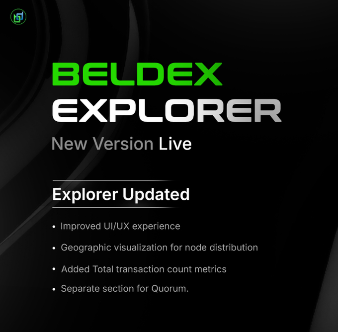 A promotional graphic for BELDEX EXPLORER announcing "New Version Live" with an updated interface featuring improved UI/UX, geographic node distribution visualization, total transaction count metrics, and a separate Quorum section.