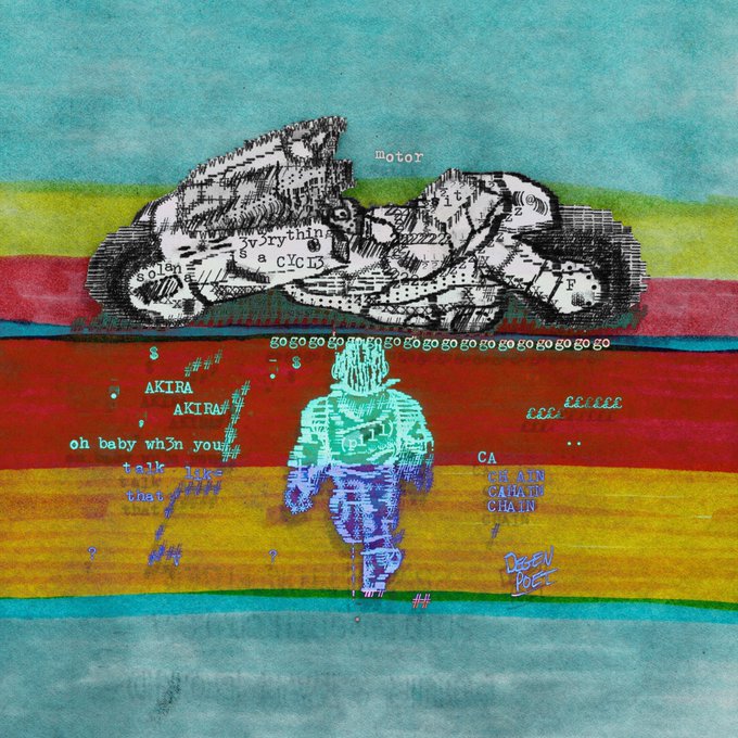 A colorful mixed-media artwork featuring a vintage black-and-white motorcycle illustration over rainbow stripes, with overlaid text including 'motor', 'AKIRA AKIRA!!', 'oh baby when you talk like that', and 'CHA CHA CHAIN'.