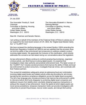 The image is a letter from the Fraternal Order of Police (FOP) to Senators Timothy Scott and Elizabeth Warren, expressing their support for H.R. 3633, the "Digital Asset Market Clarity Act." This aligns with the post's message about GLFOP (presumably referring to the FOP) supporting the Clarity Act.