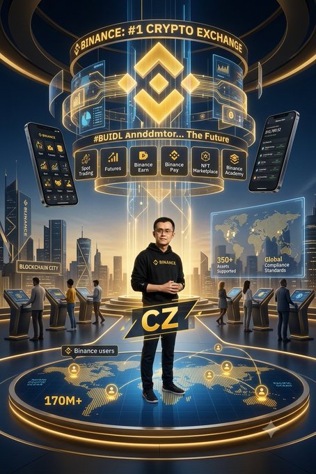 A promotional graphic for Binance cryptocurrency exchange featuring a central figure labeled 'CZ' (Changpeng Zhao) standing on a digital world map, surrounded by the company's ecosystem services.