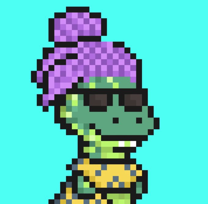 A pixel art image of a green dinosaur-like character wearing a yellow shirt and a tall purple hat against a turquoise background.
