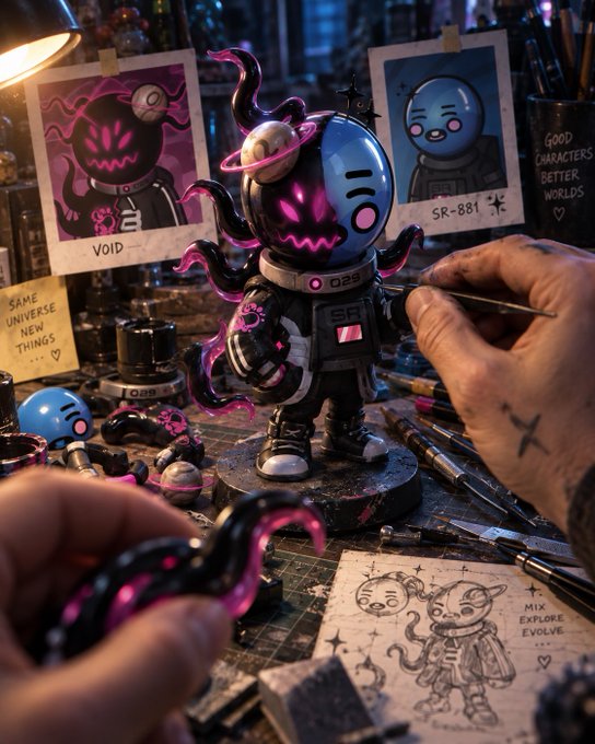 A designer’s workspace featuring a custom designer toy figure with a dark, space-themed character surrounded by pink tentacles, alongside character reference cards labeled "VOID" and "SR-881," and notes reading "SAME UNIVERSE NEW THINGS" and "MIX EXPLORE EVOLVE."